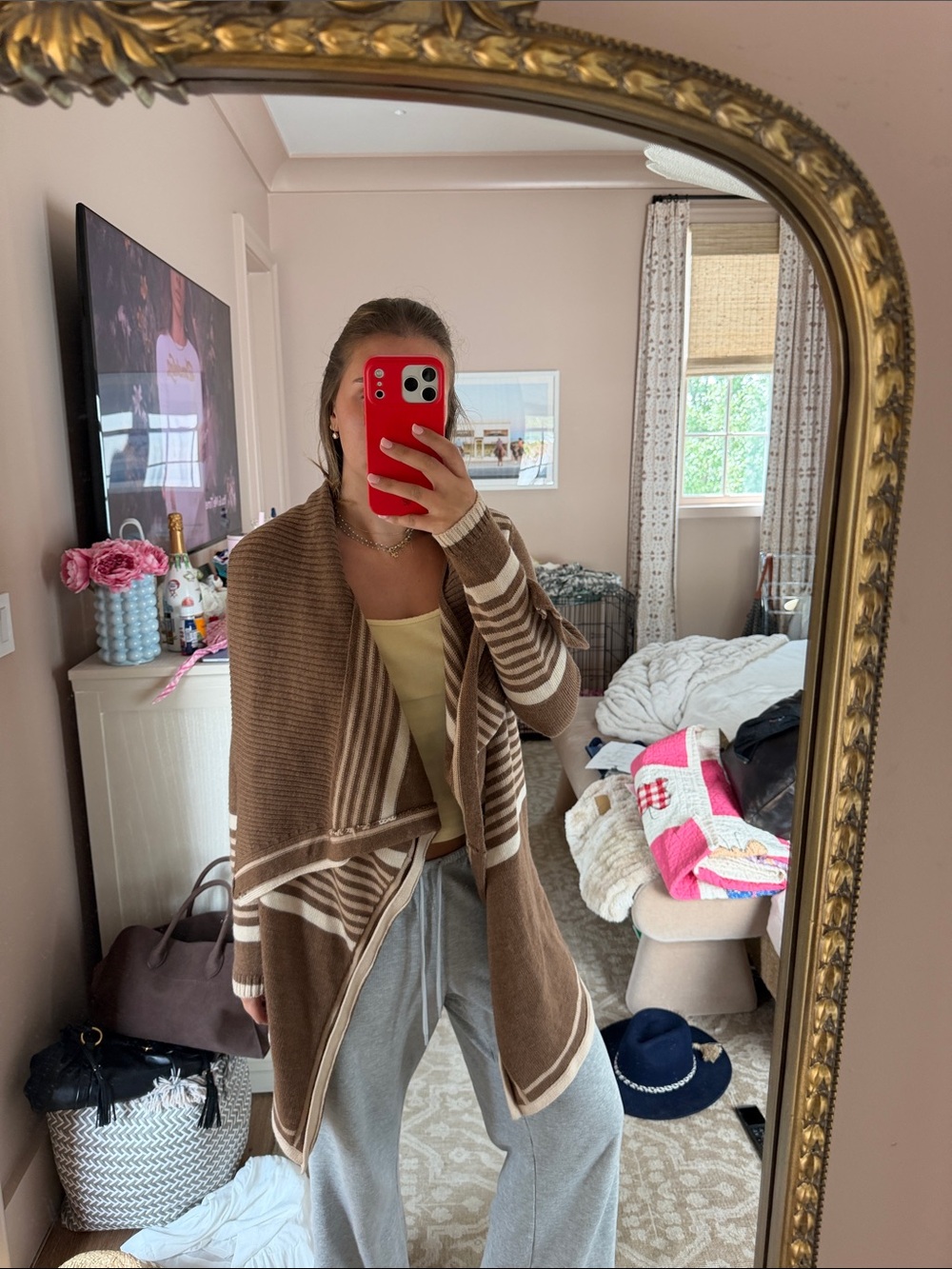 Cozy Taupe Stripe Open-Front Women’s Cardigan